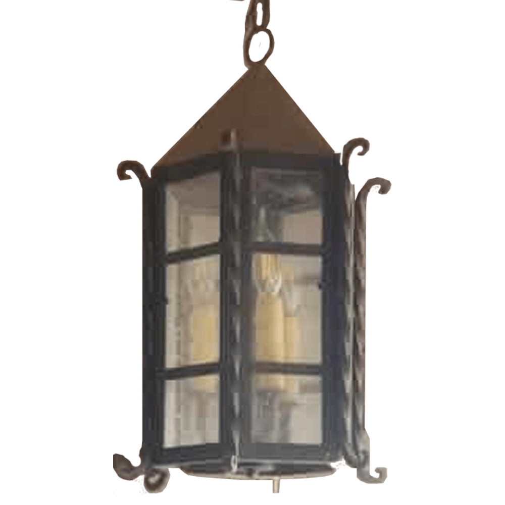 A stylish wrought iron pendant featuring a six-sided design with glass panels, intricate detailing, and a decorative top. Perfect for adding a touch of elegance to any space.