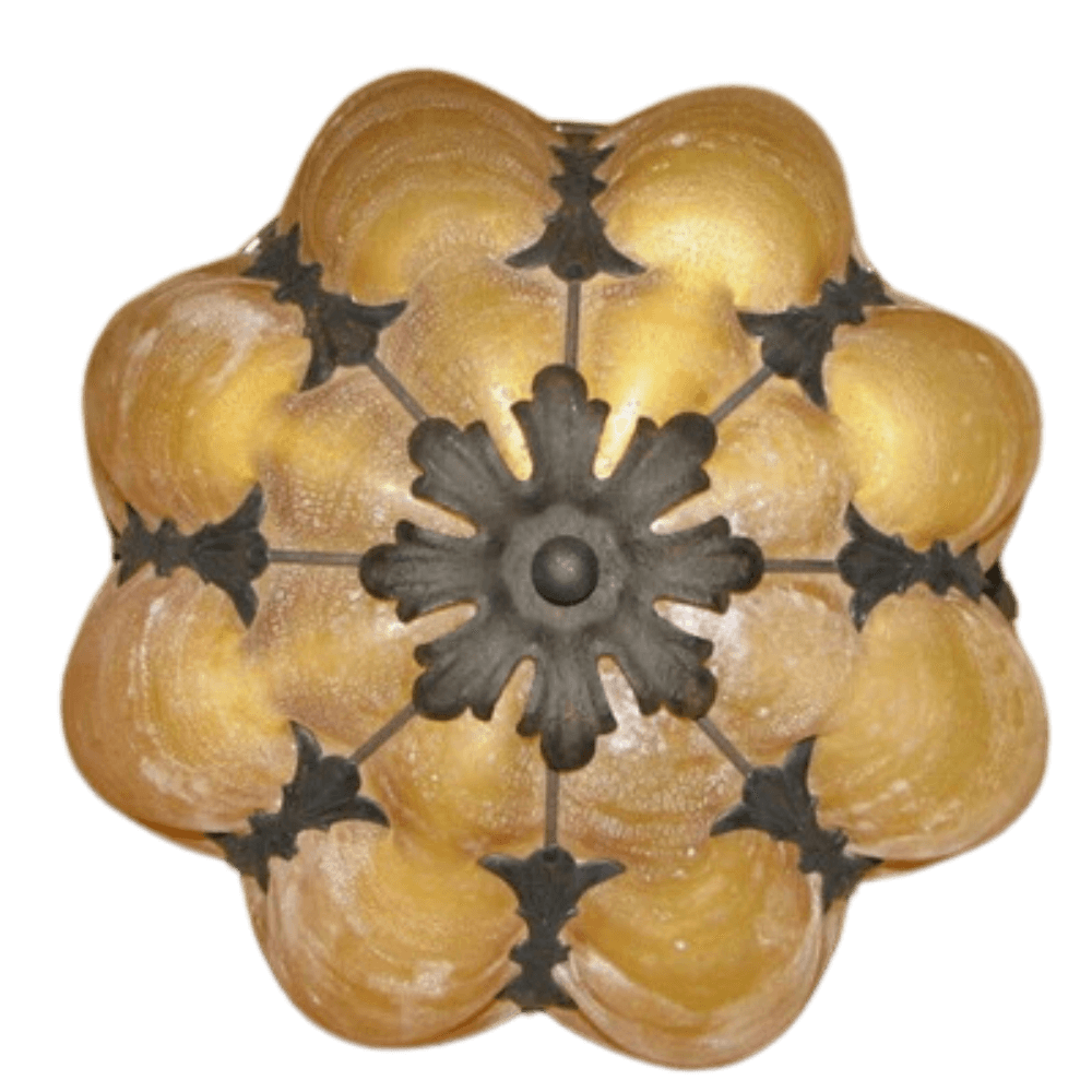 A decorative wrought iron light fixture featuring a blooming floral design with gold-toned petals and intricate black accents, perfect for adding warmth and elegance to any space.