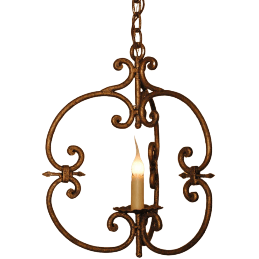 Elegant wrought iron pendant light featuring intricate scrollwork and a single candle-style bulb. Perfect for adding warmth and charm to any space.