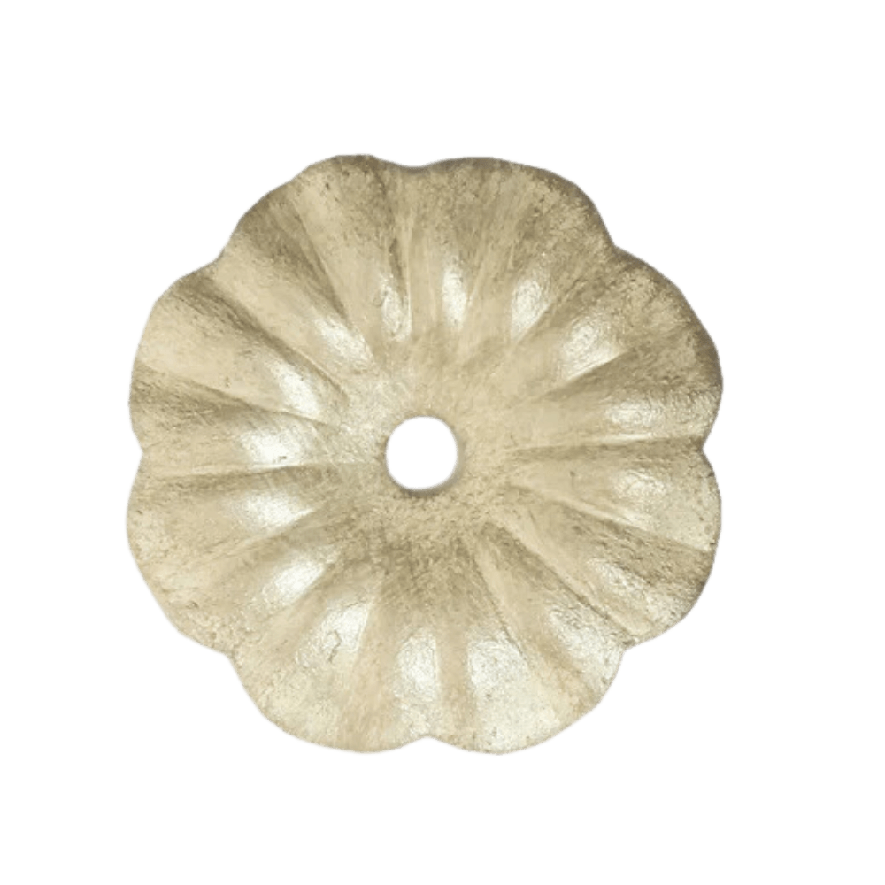 A decorative, textured metal disc with a scalloped edge and a central hole, ideal for use as a fixture accessory in custom lighting designs.