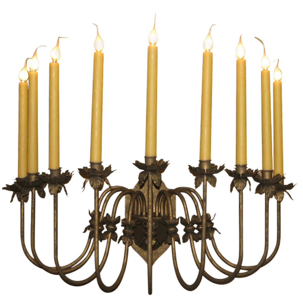 A decorative wrought iron chandelier featuring ten elegant candle-shaped lights atop a curved design adorned with flower motifs. The warm, amber candles enhance the intricate craftsmanship, creating a timeless focal piece for any setting.