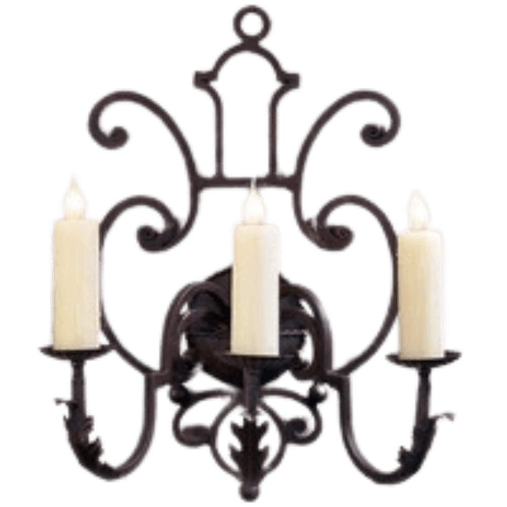A beautifully crafted wrought iron sconce featuring intricate scrollwork and three candle-like fixtures with ivory-colored candles. Ideal for adding a touch of elegance to any space.