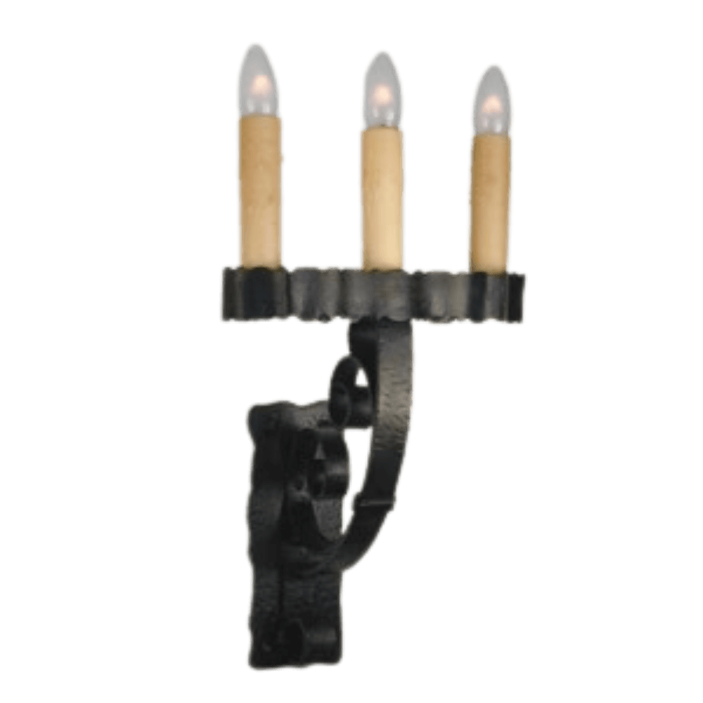 A three-armed wall sconce featuring a black wrought iron design with delicate curves. Each arm holds a bulb resembling traditional candlelight, enhancing a warm, inviting ambiance.