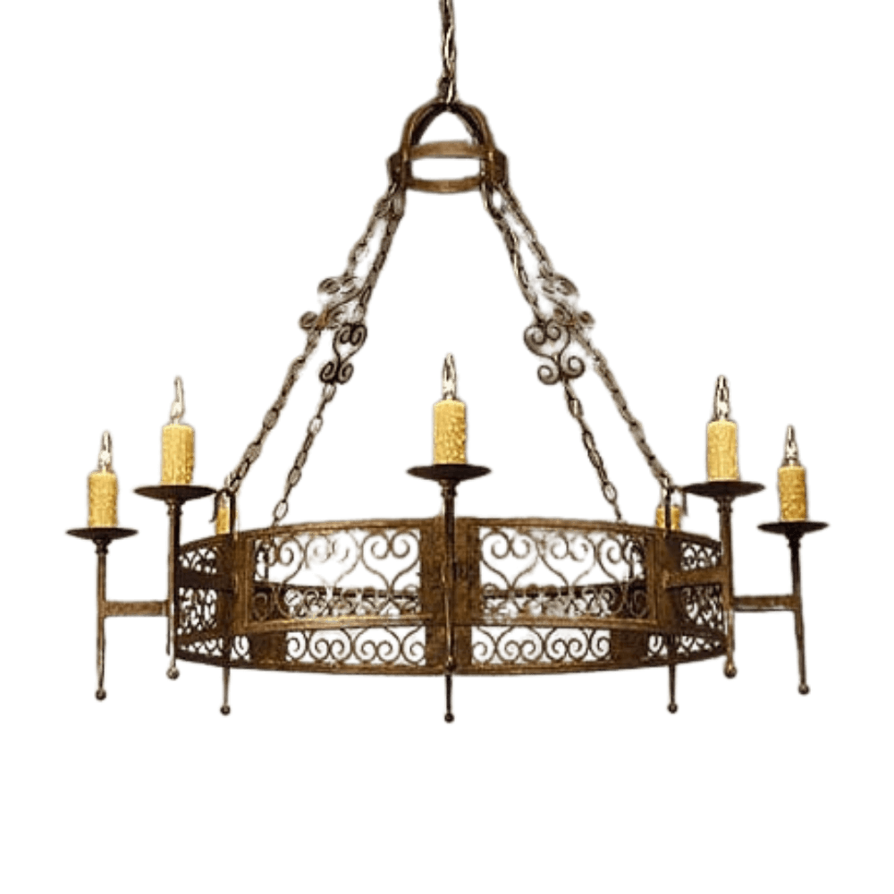 A beautifully crafted chandelier featuring intricate wrought iron detailing and six candle-style lights. The design includes elegant scrollwork and a rustic finish, lending a warm and inviting ambiance to any space.