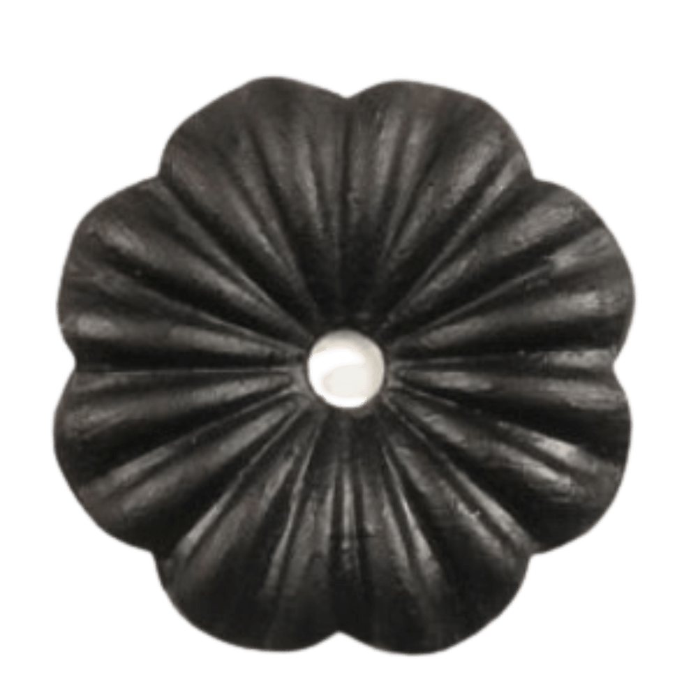 A decorative black wrought iron medallion featuring a floral design with ridges, ideal for enhancing light fixtures or architectural details.