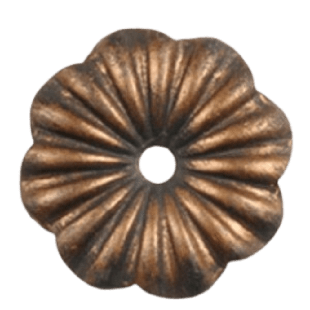 A decorative, floral-shaped wrought iron accent with a central hole, featuring textured ridges and a warm bronze finish. Ideal for custom lighting designs.