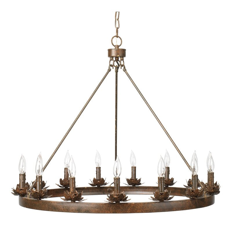 A circular wrought iron chandelier featuring elegant candle-like fixtures, adorned with floral accents. It hangs from a chain, showcasing a timeless design that enhances any space with warm illumination.
