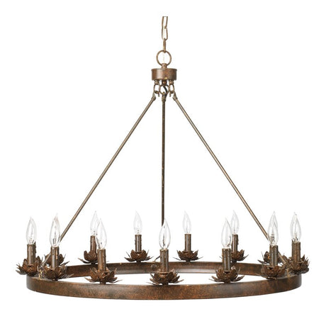 A circular wrought iron chandelier featuring elegant candle-like fixtures, adorned with floral accents. It hangs from a chain, showcasing a timeless design that enhances any space with warm illumination.