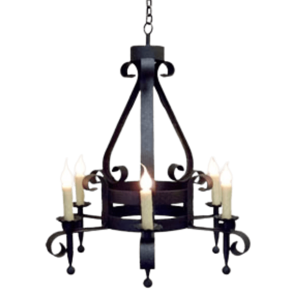 A striking wrought iron chandelier featuring a sleek design with elegant curves. It holds five candle-like bulbs that illuminate a warm glow, creating an inviting ambiance. The dark finish enhances its intricate detailing, making it a perfect centerpiece for any space.