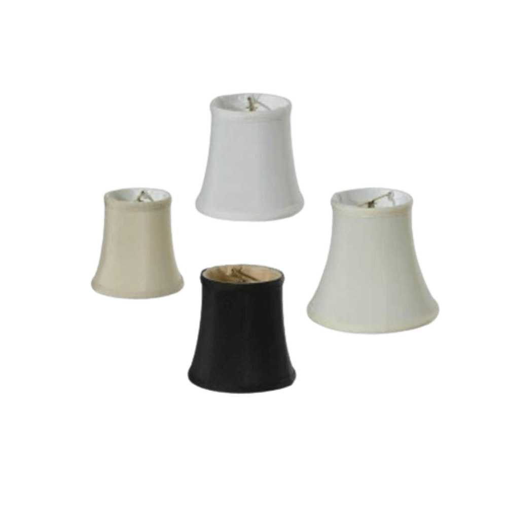 A collection of four decorative candle covers in varying colors: two shades of off-white, a light cream, and a sleek black. Each cover has a flared, bell-shaped design, showcasing elegance and versatility for your lighting fixtures.