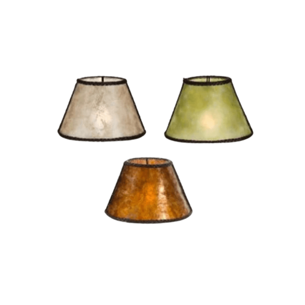 Three distinct wrought iron light shades showcase a blend of natural hues: one in muted beige, another in soft green, and the last in warm amber. Each shade features a textured finish, highlighting the craftsmanship of the designs. Perfect for adding a touch of rustic elegance, they can enhance various lighting fixtures within a home.
