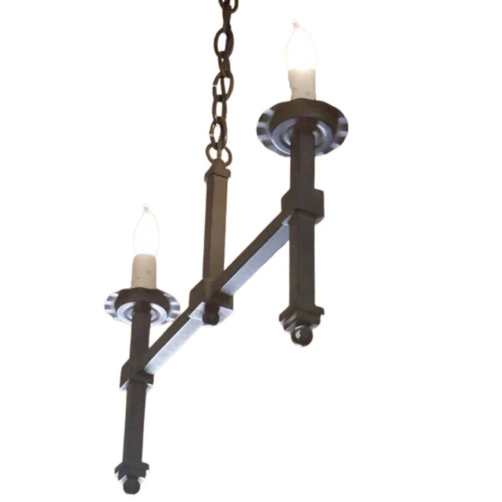 A sleek wrought iron chandelier featuring two candle-style lights. The minimalist design includes a horizontal bar with elegant detailing and a sturdy chain for hanging, adding a rustic yet contemporary touch to any space.