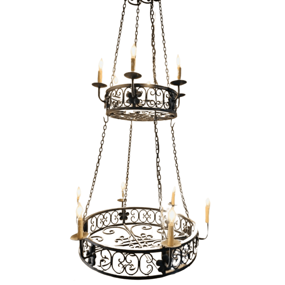 An elegant, two-tier chandelier featuring intricate scrollwork and decorative floral designs. Eight candle-like bulbs illuminate the piece, enhancing its charm and sophistication.