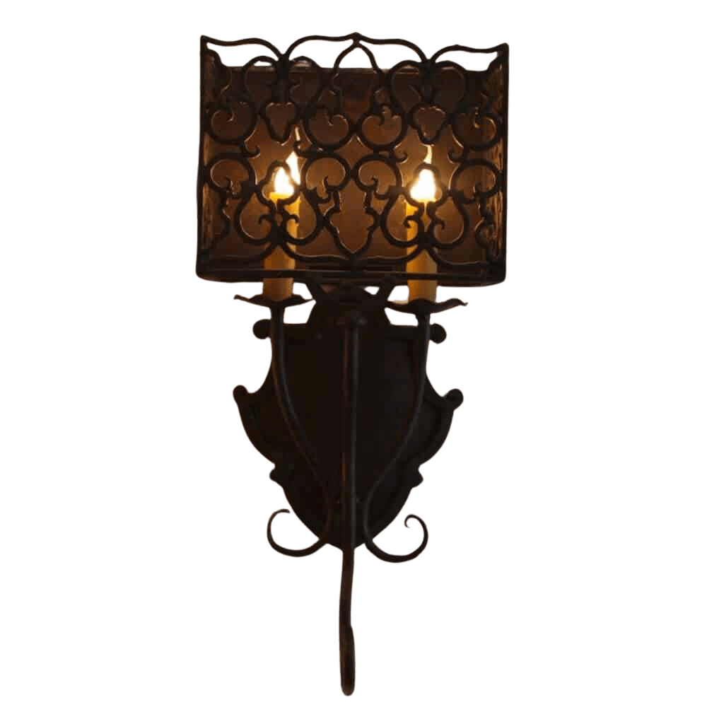 A decorative wall sconce featuring an intricate wrought iron design with a shaded lantern-style top. Two candle-style lights emit a warm glow, enhancing its elegant appearance. Perfect for adding a touch of sophistication to any interior space.
