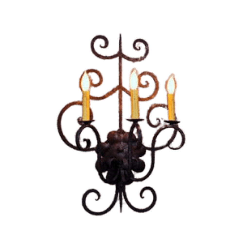 A decorative wall sconce featuring intricate swirls and curly accents, holding three candle-like bulbs. The rustic finish adds warmth and charm, perfect for enhancing entryways or living spaces.