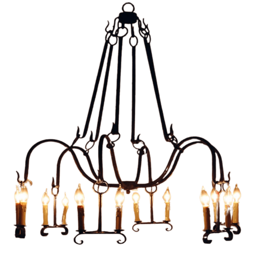 A beautifully crafted wrought iron chandelier featuring a unique design with flowing curves and ten elegant candle-style lights, casting a warm glow.