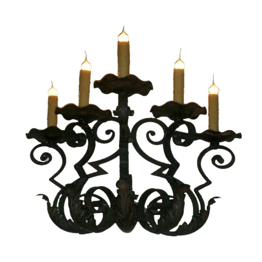 A decorative wrought iron chandelier featuring intricate scrollwork and five candle-style lights, adding elegance and warmth to any space.