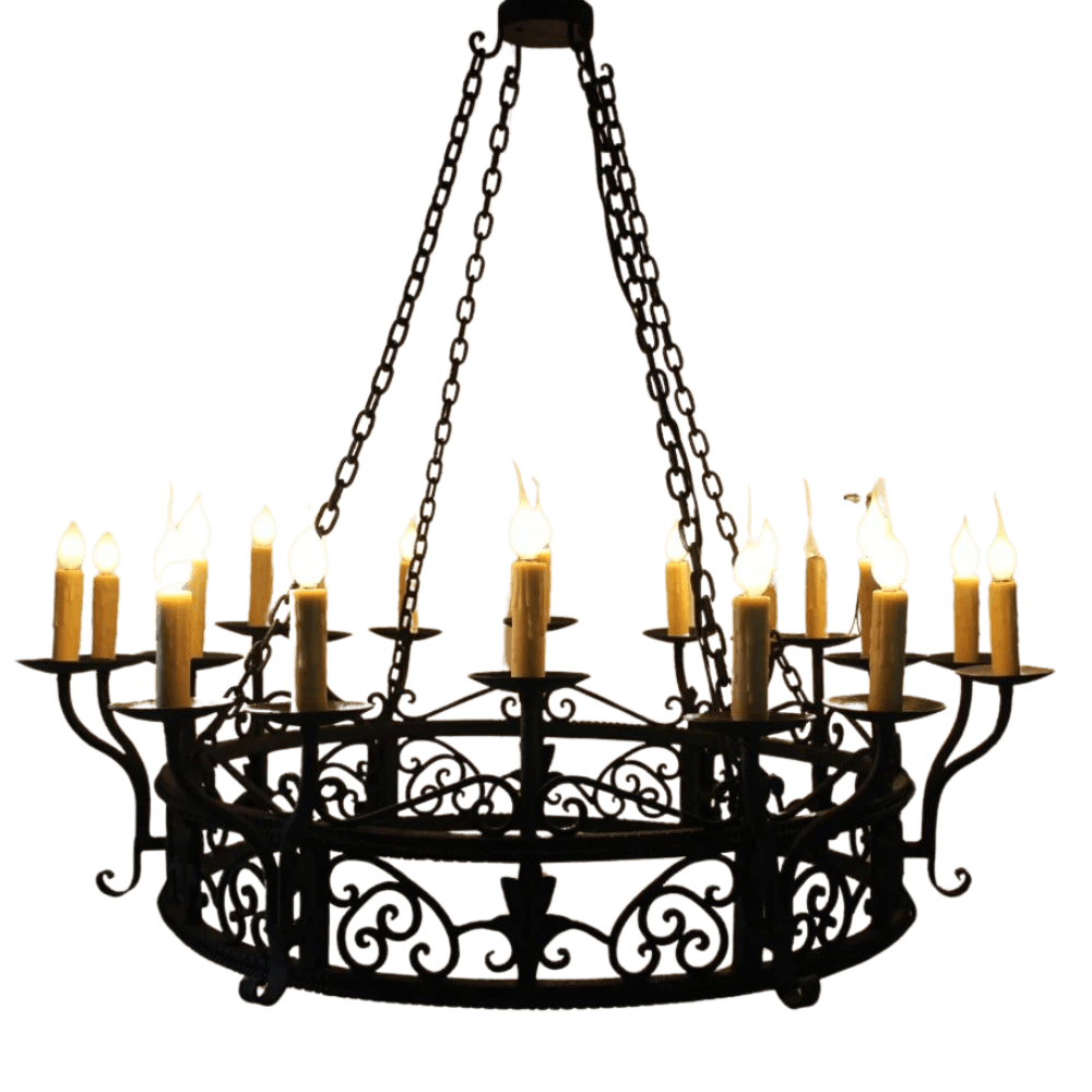 A grand wrought iron chandelier featuring intricate scrollwork and multiple candle-like lights, suspended by sturdy chains, ideal for adding elegance to any space.