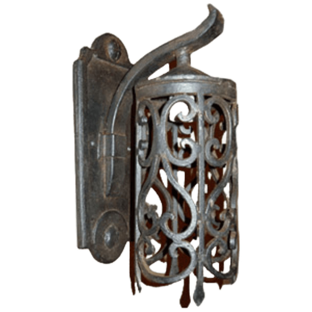 Elegant wrought iron sconce featuring intricate scrolling patterns. The fixture showcases a beautiful blend of craftsmanship and style, perfect for enhancing any interior space.