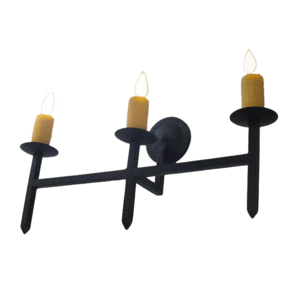 A sleek wrought iron sconce featuring three candle holders with warm, flickering flames, and a minimalist design. Ideal for adding a rustic yet elegant touch to any space.
