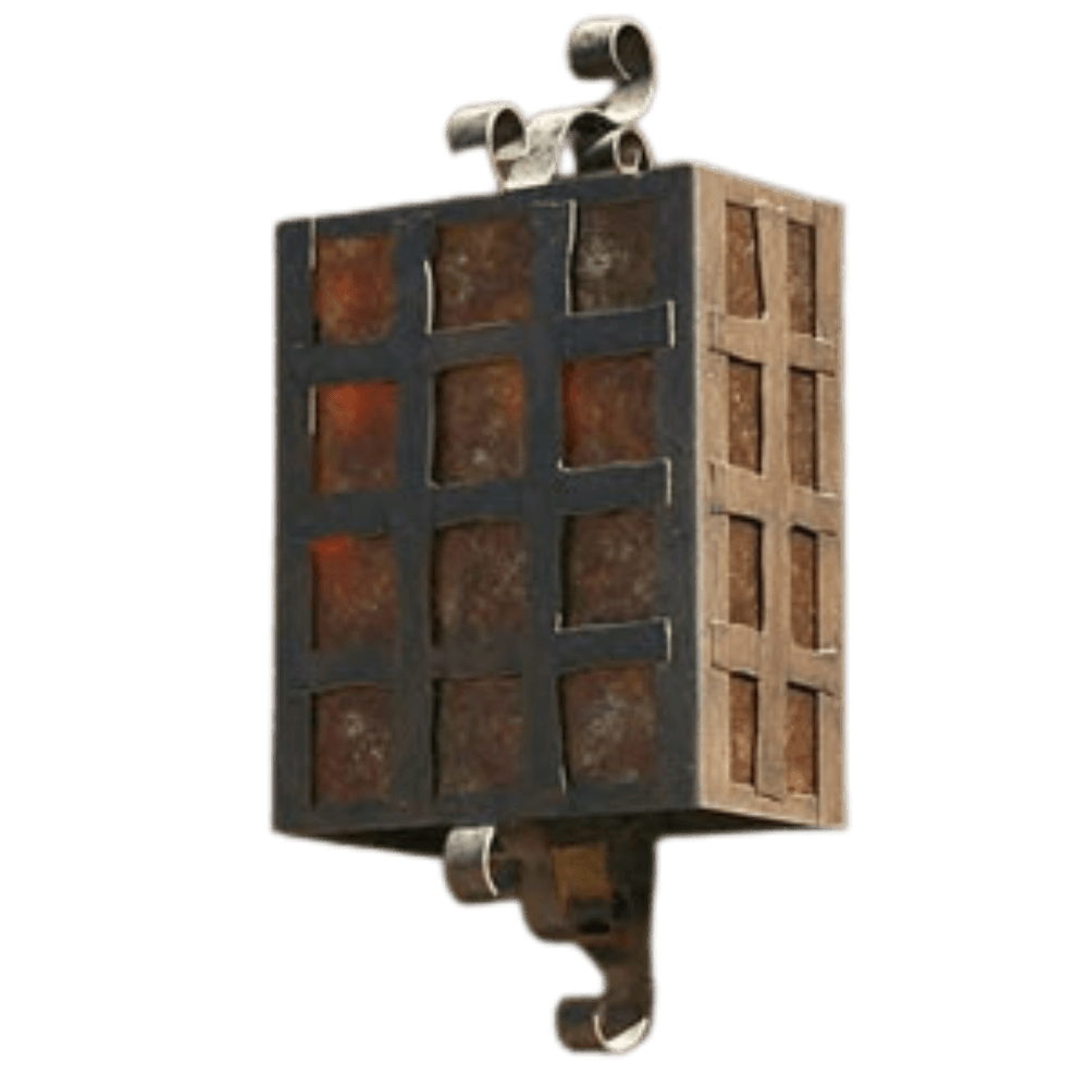 A beautifully crafted wrought iron sconce featuring a grid design with warm, amber-lit glass panels. The elegant scroll accents and sturdy construction highlight its artisanal quality, perfect for enhancing any rustic or traditional decor.