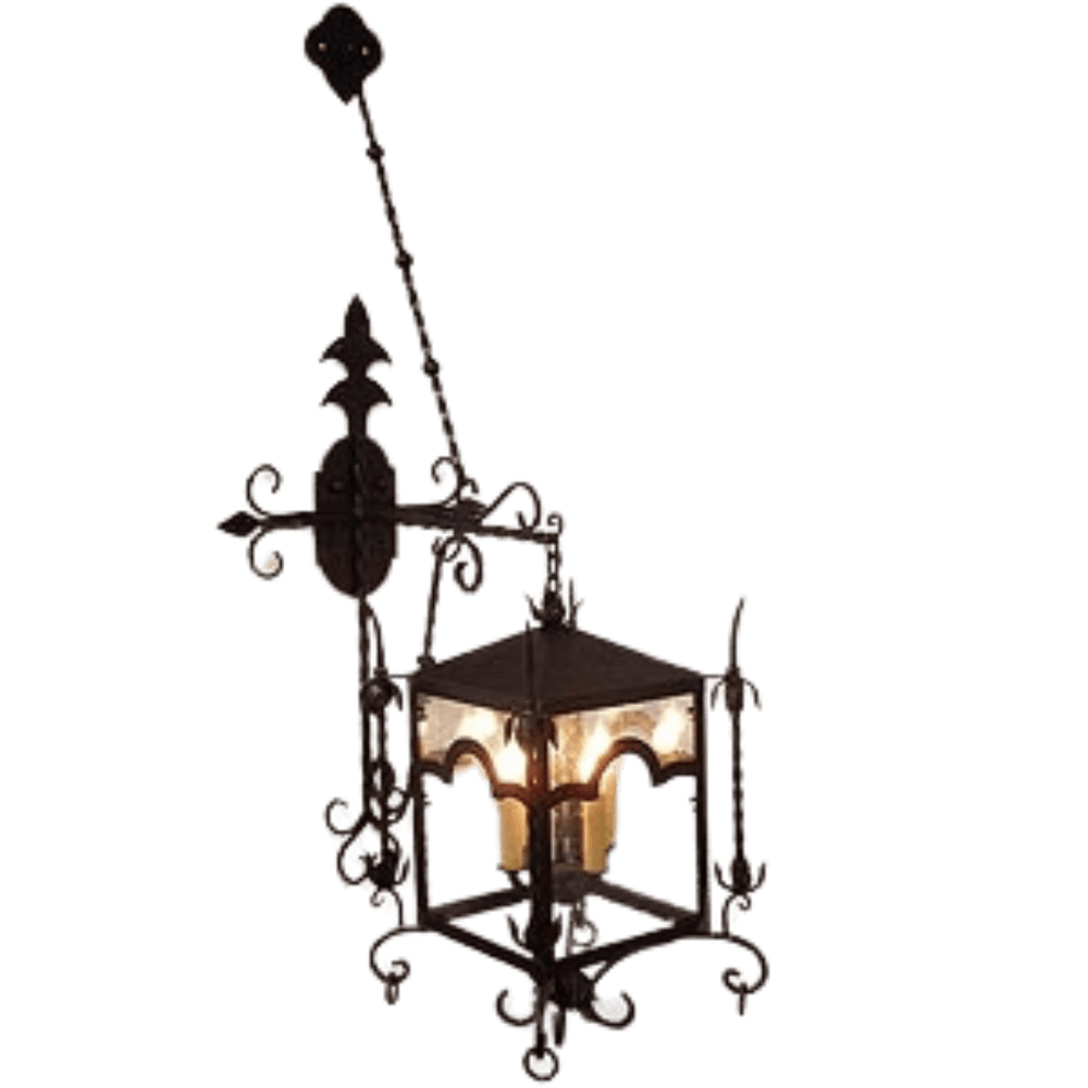 Intricately designed pendant featuring a square metal frame with ornate scrollwork, holding three candle-style lights, perfect for adding elegance to any space.