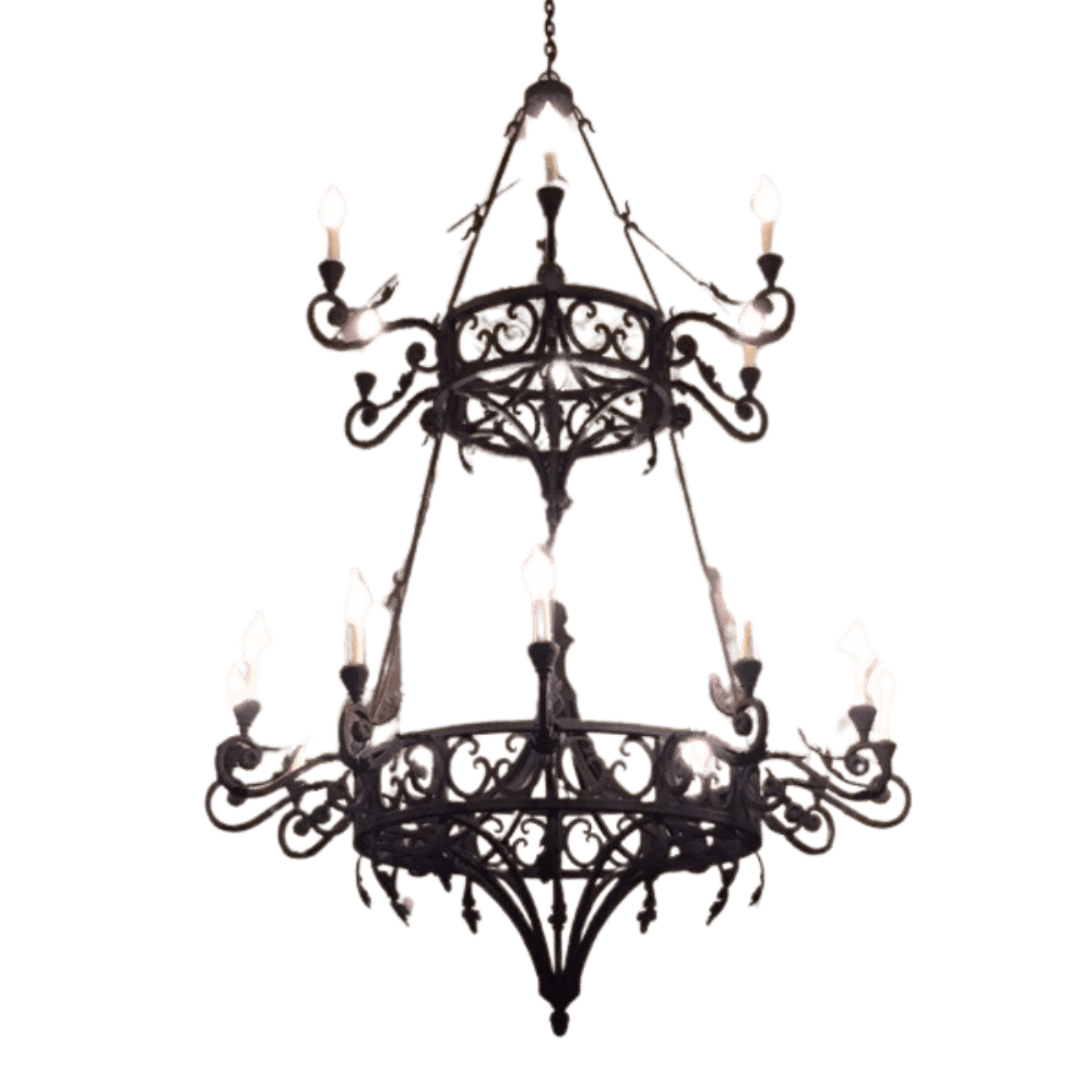 Intricately designed wrought iron chandelier featuring two tiers of gracefully curved arms, each holding elegant candle-like bulbs. The detailed scrolling and ornate elements create a classic and inviting ambiance, perfect for adding a touch of sophistication to any space.