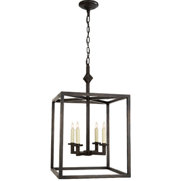 A geometric pendant light featuring a square frame with four candle-style bulbs. The black wrought iron finish adds elegance, perfect for illuminating dining areas or entryways.