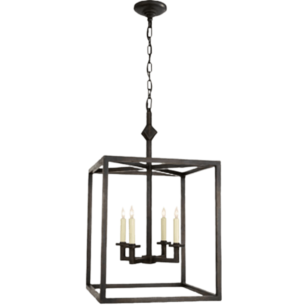 A stylish wrought iron chandelier featuring a geometric square design with four candle-style light holders, suspended by a chain from a round ceiling mount.