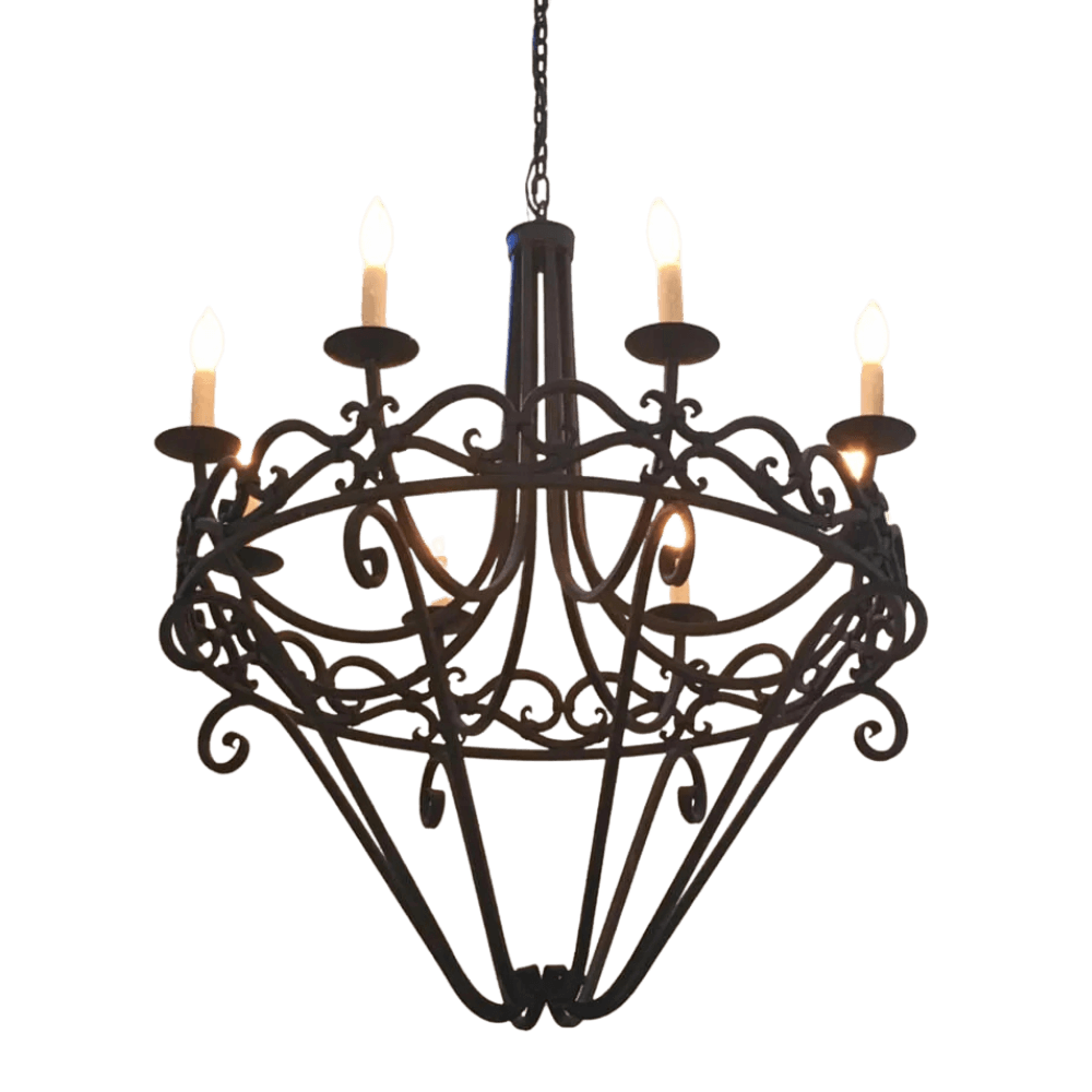 A beautifully crafted chandelier made from wrought iron features intricate scrollwork and six light sockets, enhancing the elegance of any space.