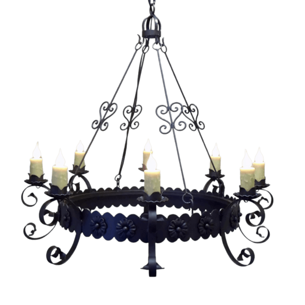 A decorative chandelier featuring elegant scrollwork and floral accents, with six candle-style lights illuminating its intricate design.