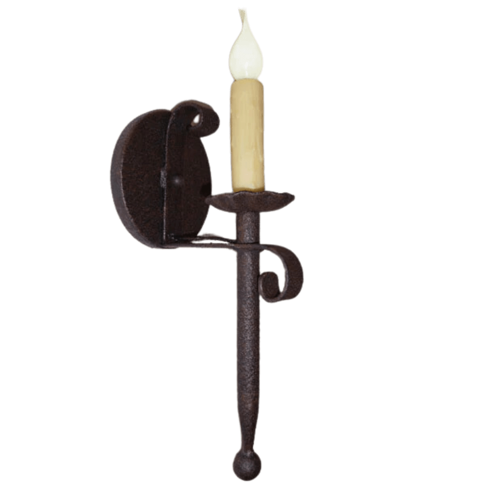 A hand-forged wrought iron sconce featuring intricate scrollwork and a single faux candle holder, evoking rustic charm suitable for any space.