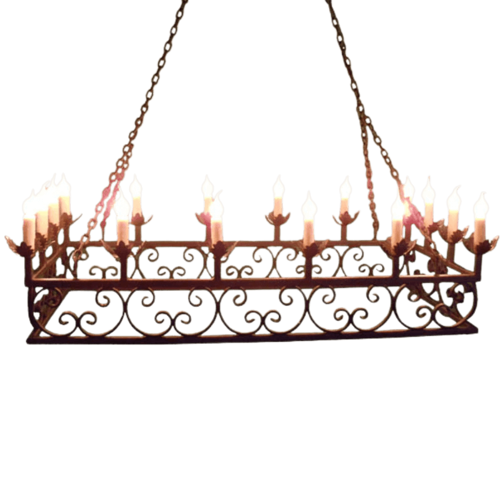 A beautifully crafted wrought iron chandelier featuring intricate scrollwork and multiple candle-style lights, perfect for adding elegance to any space.