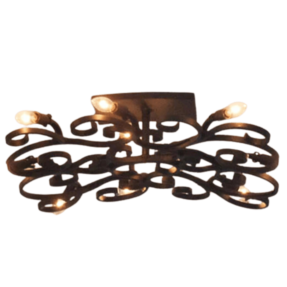A decorative ceiling fixture featuring intricate wrought iron scrollwork, elegantly illuminating a space with multiple soft glowing bulbs, perfect for adding sophistication to any room.