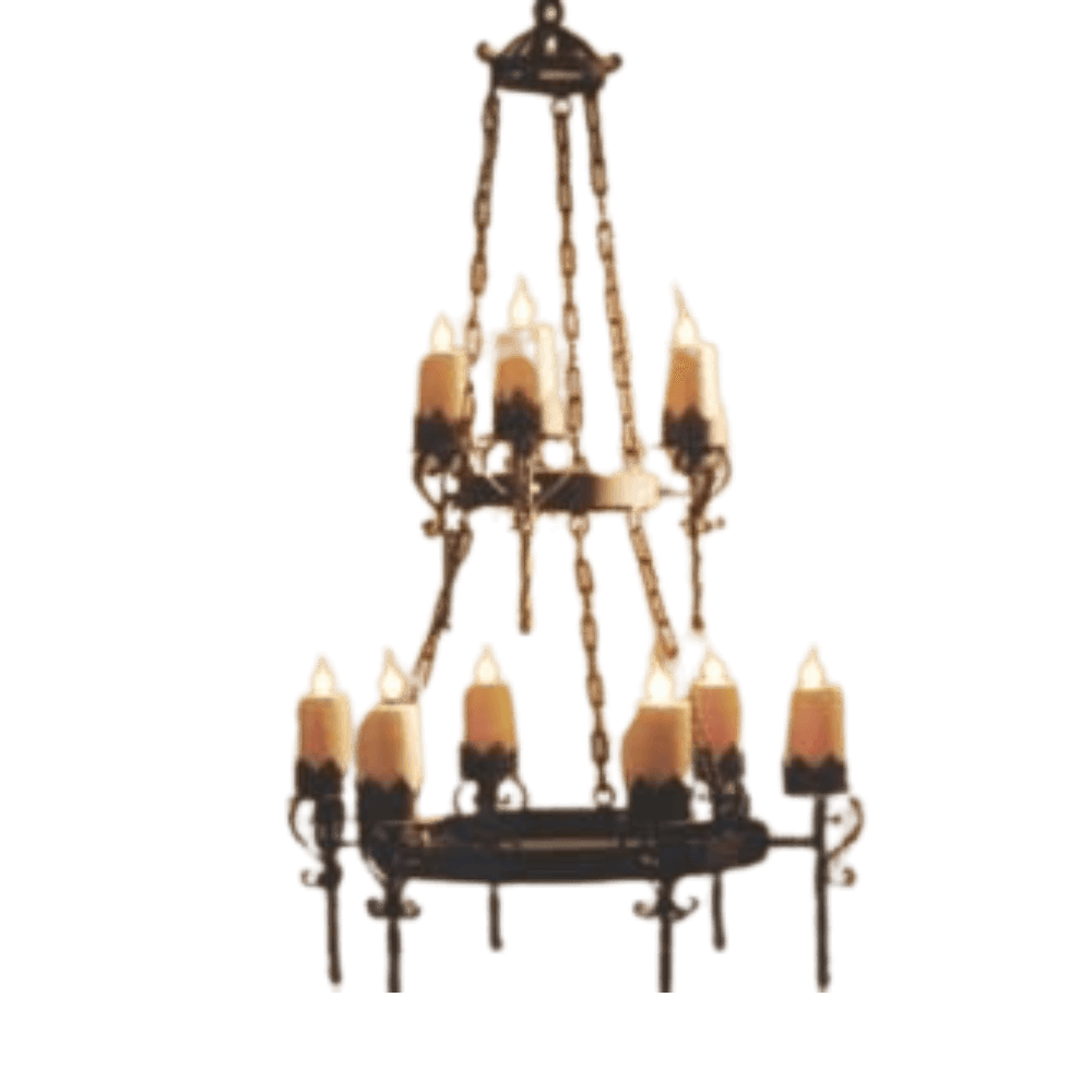 A large, ornate chandelier featuring multiple candle-style lights on elegant arms. The fixture showcases intricate wrought iron details and a rustic finish, creating a warm and inviting ambiance ideal for traditional or vintage-inspired interiors.