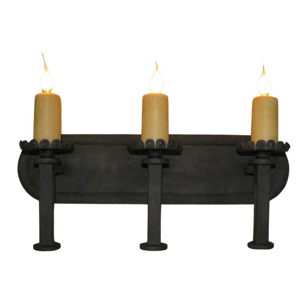 A rustic wrought iron sconce featuring three candle holders with warm, flickering lights. The design includes artistic detailing, enhancing any space with a touch of elegance and charm.