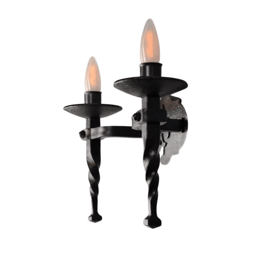 A stylish wrought iron sconce featuring two candle-like bulbs, elegantly supported by a twisted rod base. The fixture showcases intricate craftsmanship, perfect for adding a warm, inviting ambiance to any space.
