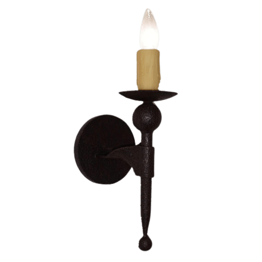 A stylish wrought iron wall sconce featuring a candle-like bulb atop a slender, decorative holder. The fixture has a dark, textured finish and a circular backplate, adding elegance to any indoor space.