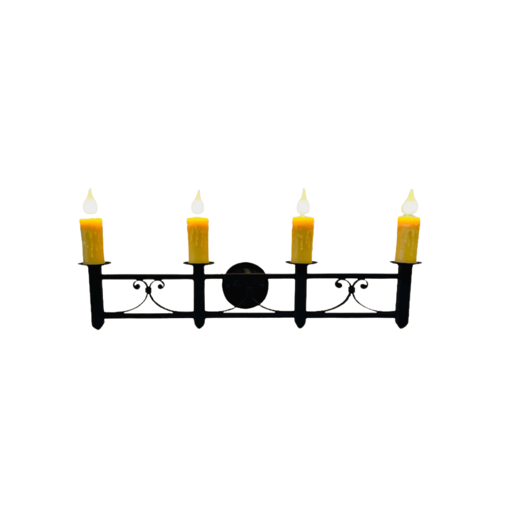 An elegant wrought iron sconce featuring four warm, yellow candle-style lights. The design includes intricate scrollwork and a round back plate, perfect for adding charm and ambient lighting to any space.