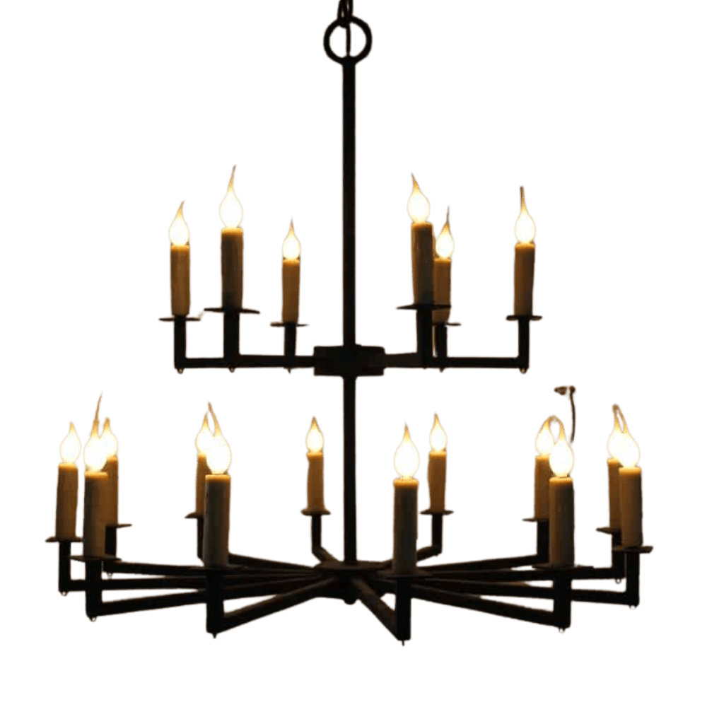A large wrought iron chandelier featuring multiple candle-style lights with flickering flames. The intricate design adds elegance and charm, perfect for creating a warm atmosphere in any space.