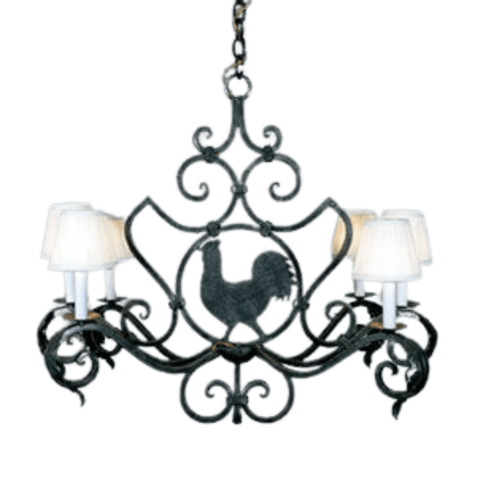 A decorative chandelier featuring intricate wrought iron scrollwork and a central design of a rooster, complemented by soft white lampshades on four arms. This piece adds a rustic charm and artistic elegance to any space.