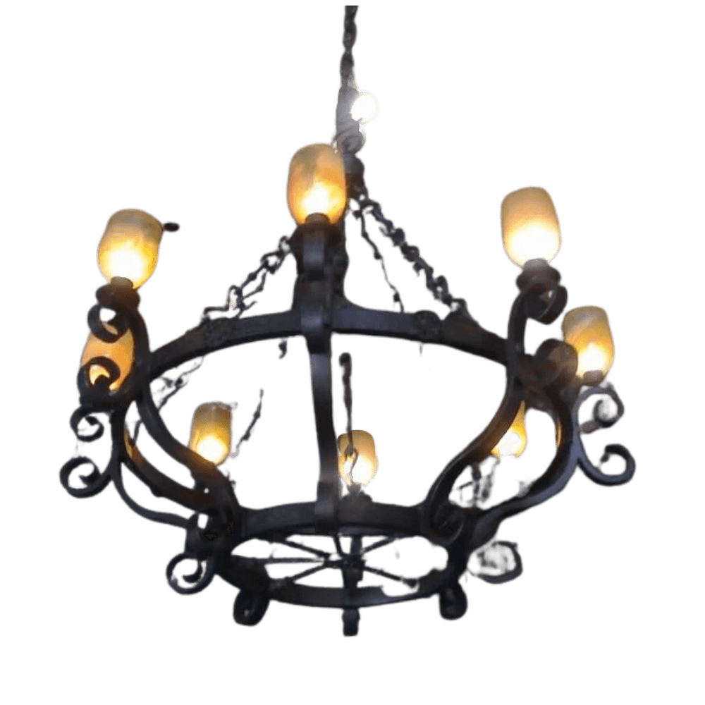 A decorative wrought iron chandelier featuring intricate scrollwork and ten glowing candle-like bulbs. The elegant design adds a warm, inviting ambiance to any space.