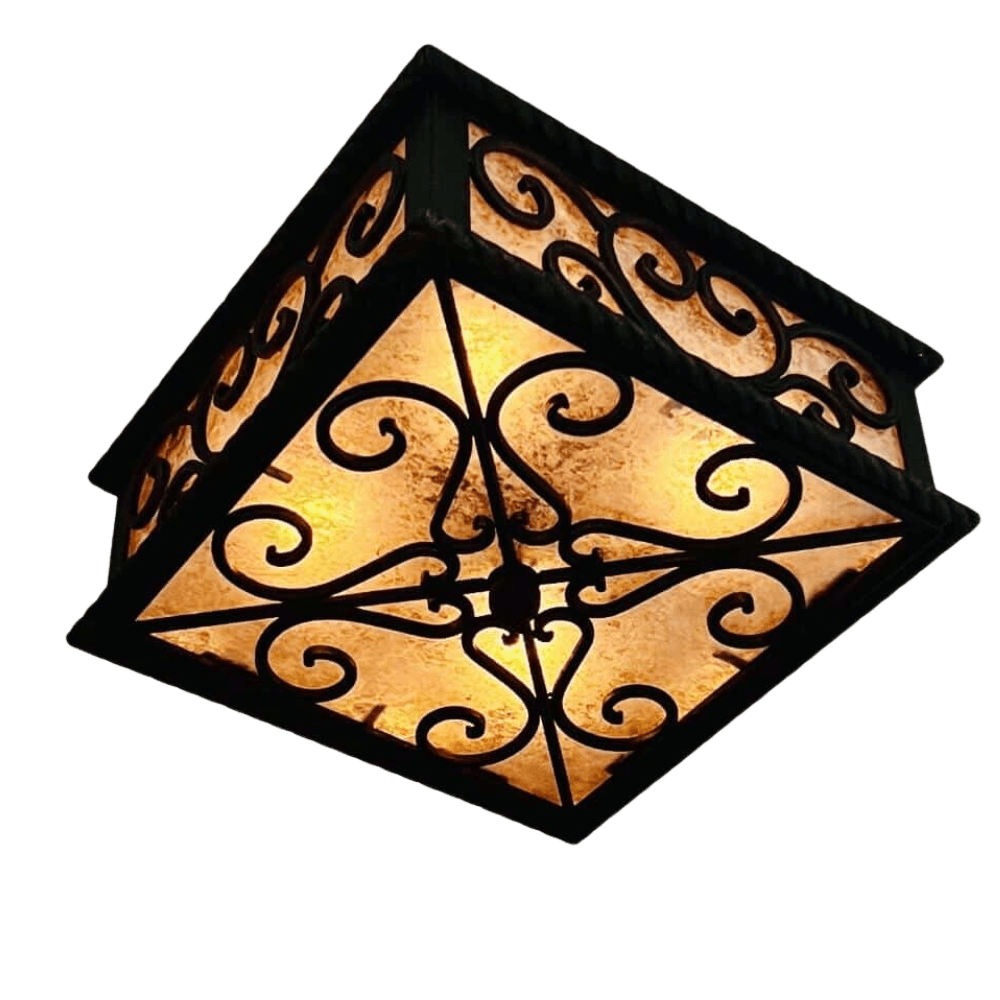 A beautifully crafted wrought iron pendant featuring intricate swirling designs and a warm, glowing amber shade. The elegant structure enhances any space with its unique charm and craftsmanship.