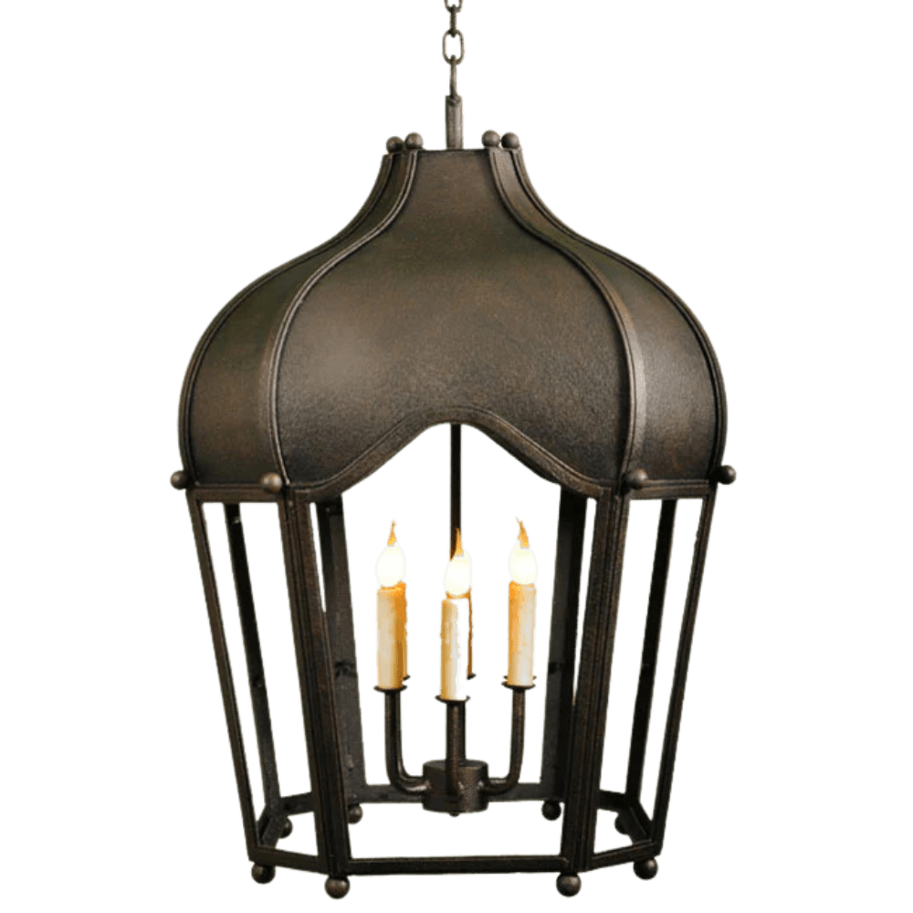 A decorative wrought iron pendant light featuring a rounded top and four candle-like bulbs within a detailed frame. The dark finish adds an elegant touch, perfect for enhancing any space.