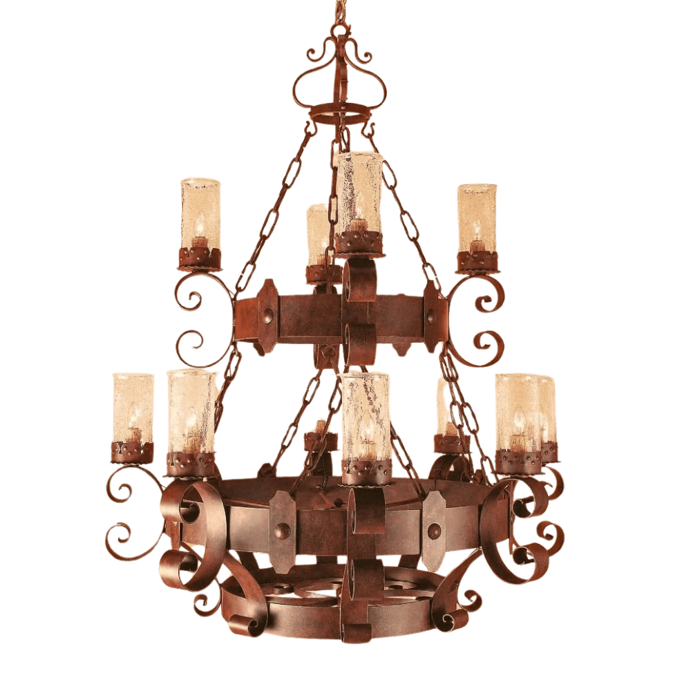 A beautifully crafted wrought iron chandelier featuring multiple arms adorned with glass candle holders. The intricate scrollwork and rich finish add elegance, making it a stunning centerpiece for any room.
