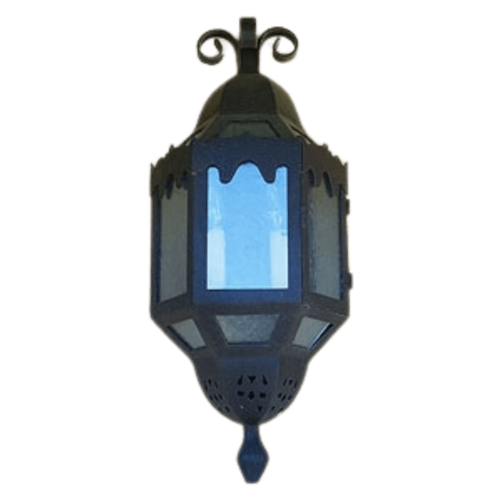 Intricate wrought iron sconce featuring a lantern design with a domed top and decorative patterns. The fixture has multiple glass panels, allowing light to shine through beautifully, enhancing any indoor or outdoor space.