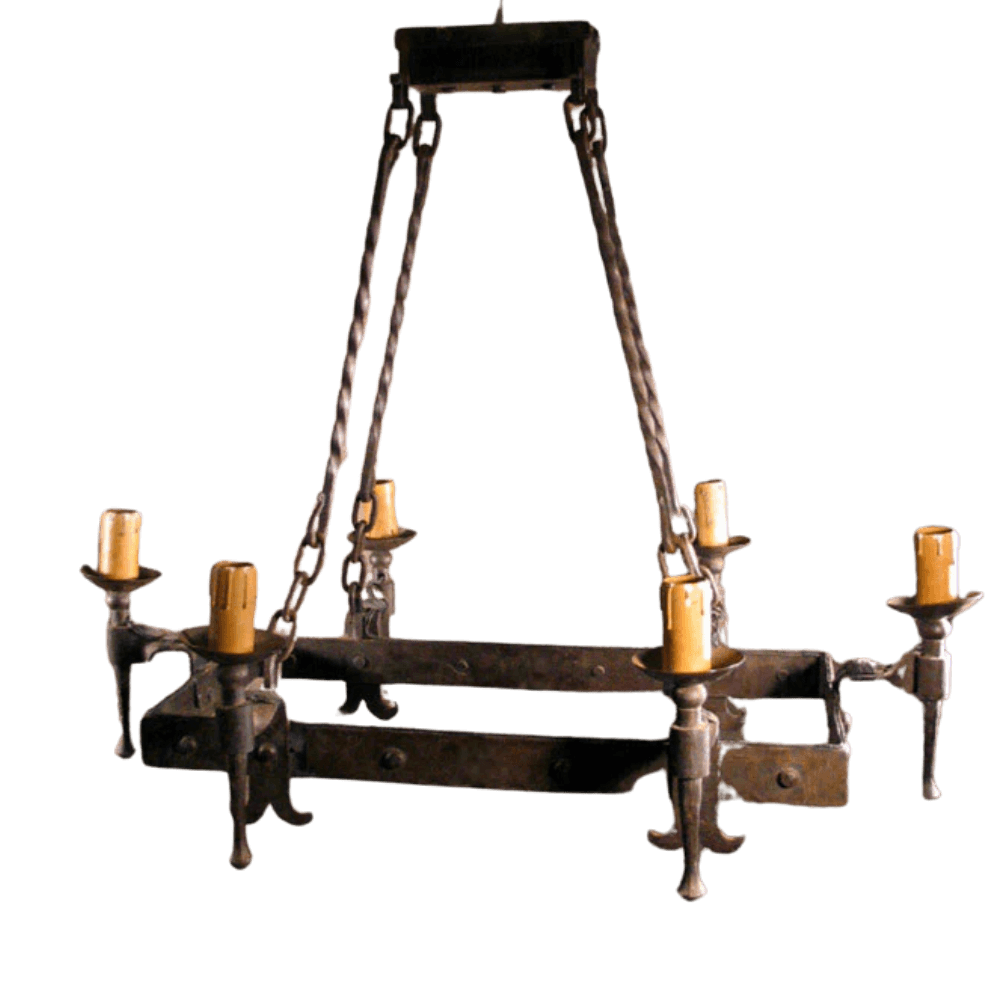 A beautifully crafted wrought iron chandelier featuring a rectangular frame with six candle holders. The design includes detailed, twisted chains and ornate accents, perfect for adding elegant illumination to any space.