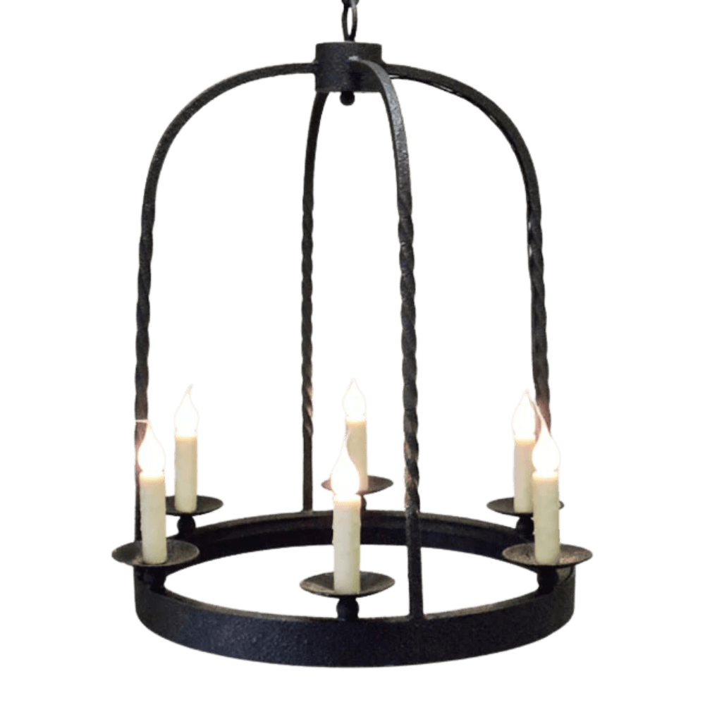 A stunning wrought iron chandelier featuring a circular design with five elegant candle holders. The intricate detailing and rustic finish enhance its charm, making it a perfect centerpiece for any room.
