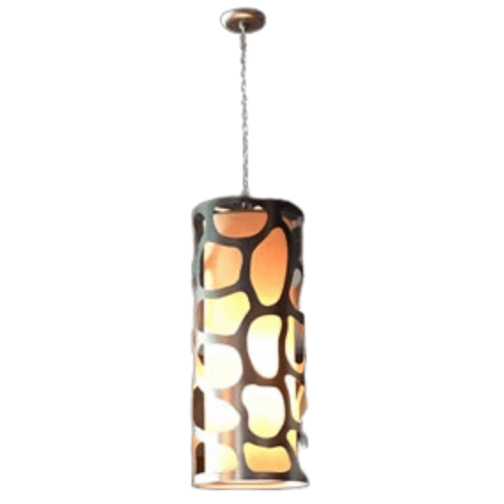 A modern pendant light featuring a unique, organic cut-out design that creates a warm glow. The cylindrical shade is suspended by a slender chain, adding elegance to any space.