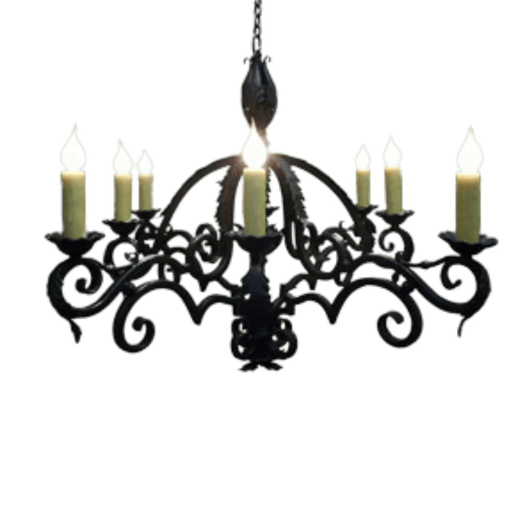 A decorative wrought iron chandelier featuring elegant scrollwork and six candle-like bulbs. The fixture has a dark finish and intricate detailing, perfect for adding warmth and style to any space.